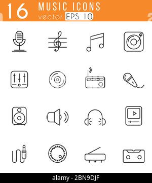 Music 16 Symbole mit weißem Hintergrund Stock Vektor