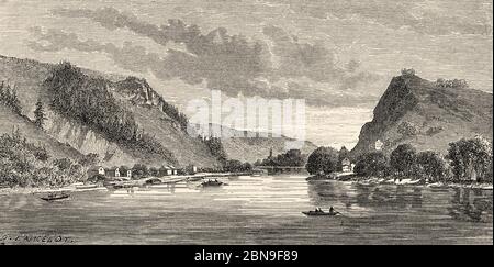 Panoramablick auf Linz und die Donau, Österreich Europa. Alte gravierte Illustration aus dem 19. Jahrhundert, Le Tour du Monde 1863 Stockfoto