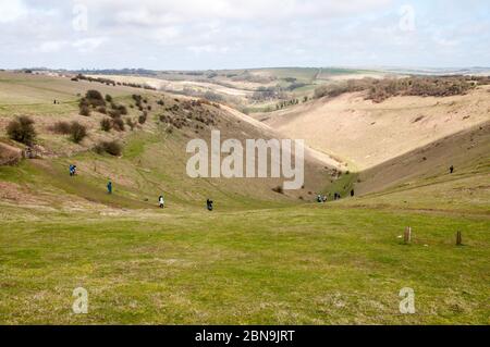 Blick nach Norden über Devil's Dyke, ein trockenes Tal auf South Downs in Sussex bei Brighton, England. Stockfoto