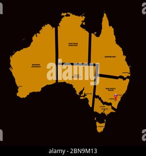 Karte von Australien. Infografik Australien. Bright Map Regionen von Australien. Abbildung mit schwarzem Hintergrund. Stockfoto