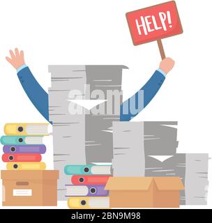 Stress bei der Arbeit, Hand halten Hilfe Plakat Stapel von Papieren und Haftnotizen Vektor-Illustration Stock Vektor