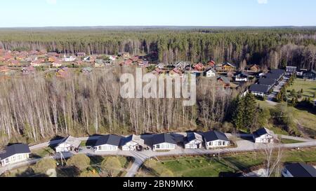 Luftaufnahme des Sees Borissowskoje, des Waldes und der Siedlung im Herbsttag, Borissowo, Leningrader Oblast, Russland Stockfoto