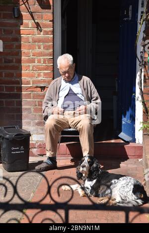 Alter Mann dösen mit Hund an einem sonnigen Nachmittag Stockfoto