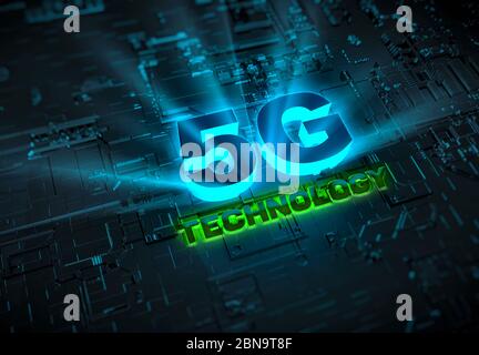 Abstrakter Hintergrund der 5G-Netzwerktechnologie als JPG-Bilder, die in 3D erstellt wurden und als Hintergrund für Websites, Videos, Illustrationen und mehr verwendet werden können. Stockfoto