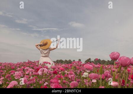 Frau im Hut im Feld der rosa Blumen Stockfoto