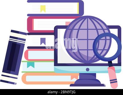 Online-Bildung, Computer Welt gestapelt Bücher Lupe Vektor Illustration Stock Vektor