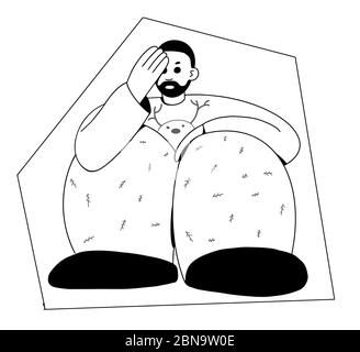 Ein depressiver Mann allein zu Hause sitzt mit der Hand über seinem Gesicht. Das Konzept der psychischen Gesundheit. Schwarz-Weiß-Vektorgrafik Stock Vektor