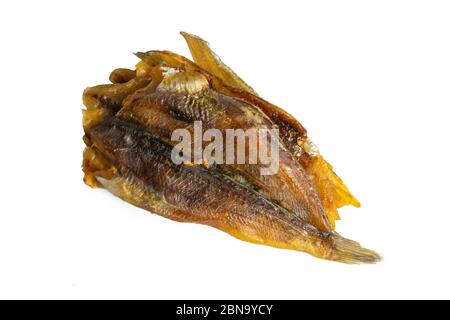 Getrockneter blauer Wittling auf weißem Hintergrund. Snack zu Bier. Nahaufnahme Stockfoto