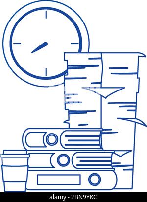Stress bei der Arbeit, Stapel von Papieren Ordner Kaffeetasse und Uhr Vektor-Illustration Stock Vektor