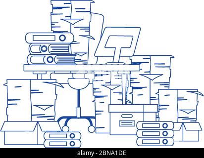 Stress bei der Arbeit, Bürostuhl Stapel von Papieren und viele Ordner und Boxen Vektor-Illustration Stock Vektor