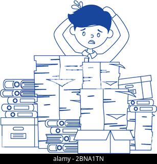 Stress bei der Arbeit, besorgte Mitarbeiter mit Haufen von Dokumenten und viele Ordner und Kisten Vektorgrafik Stock Vektor