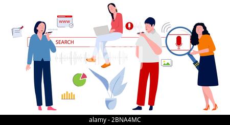 Charakter junge Menschen tun Sprachsuche im Internet mit Smartphone-Laptop. Stock Vektor