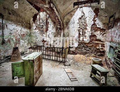 Innenaufnahme einer Zelle im Eastern State Penitentiary in Philadelphia, Pennsylvania Stockfoto