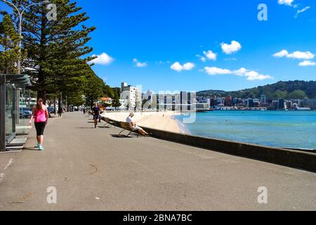 Oriental Bay, ein beliebter Strand und ein urbanes Erholungsgebiet in Wellington, der Hauptstadt Neuseelands. Stockfoto