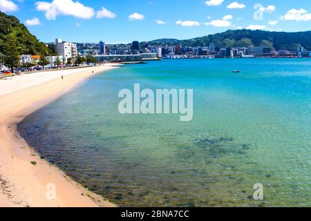 Oriental Bay Beach, Pazifik Waterfront und Stadtbild von Wellington, Hauptstadt von Neuseeland. Stockfoto