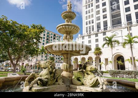 Miami Florida, Coral Gables, Ponce de Leon Boulevard, Gedenkparkbrunnen, steinerne Pferdeskulpturen, Wasser, FL200217051 Stockfoto