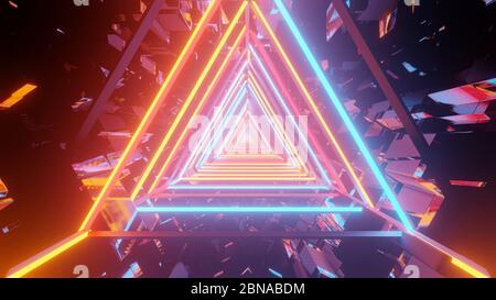 3D-Rendering von mehrfarbigen dreieckigen Lichtern, die sich in einem einzigen kondensierend Punkt Stockfoto