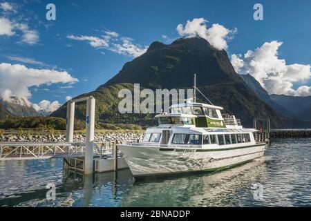 Touristenboot am Steg in Milford Sound, Fjordland National Park, Southland Region, South Island, Neuseeland, Ozeanien Stockfoto