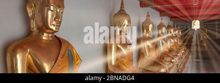 Vergoldete Buddha-Statuen, Bhumispara-Mudra, Buddha Gautama im Moment der Erleuchtung, Wat Pho, Bangkok, Thailand, Asien Stockfoto