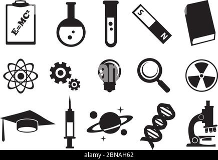 Vektordarstellung von Werkzeugen und Symbolen für die naturwissenschaftliche Bildung. Symbol für Schwarz-Weiß gesetzt. Stock Vektor