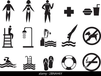 Sammlung von Schwimmbad Vektor-Icons in schwarz isoliert auf weiß Stock Vektor