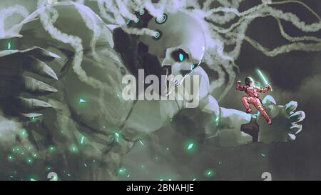 Der rote Astronaut mit leichtem Schwert springen in den Kampf mit dem fremden Riesen., digitale Kunst Stil, Illustration Malerei Stockfoto