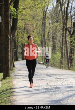 Frau, 40-45 Jahre alt, Jogging in einem Waldgebiet in München, Bayern, Deutschland. Stockfoto