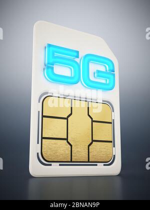 5g SIM-Karte auf grauem Hintergrund. 3D-Darstellung. Stockfoto