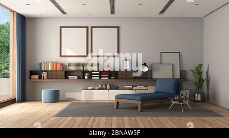 Minimalistisches Wohnzimmer mit Sideboard, Chaiselongue und Klimaanlage an der Decke - 3d-Rendering Stockfoto