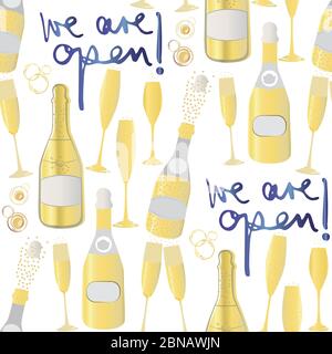 Champagner-Symbole Geschäft Öffnung Vektor nahtlose Muster Hintergrund. Blauer Text, sprudelnde Blasen, Gläser, Flaschen, Hintergrund Weißgold. Elegant Stock Vektor