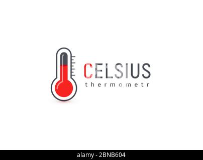 Quecksilberthermometer, logo mit celsius-Skala. Logo für medizinische Geräte zur Messung von Hochtemperatur. Rot und schwarz Farbe Wettervorhersage App-Symbol auf weiß Stock Vektor