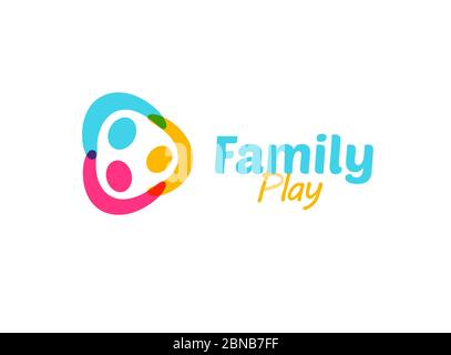 Bunte glückliche Familie hält Hände Logo. Lustige Kinder Kindergarten oder Lager Logo. Abstrakte Kinder Freundschaft Symbol, Vektor-Illustration auf weiß Stock Vektor