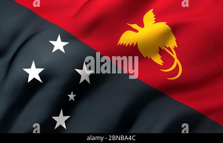 Flagge von Papua Neuguinea weht im Wind. Ganzseitige Papua-Flagge. 3D-Darstellung. Stockfoto