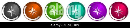 Kompass Icon Set, silber metallic Chrom Rand Vektor Web Buttons in 6 Farben Optionen für webdesign Stock Vektor