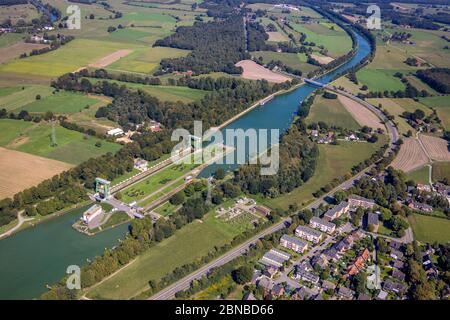 Schleuse Wesel-Datteln-Kanal, Wasser- und Schifffahrtsamt, 30.08.2019, Luftaufnahme, Deutschland, Nordrhein-Westfalen, Ruhrgebiet, Huenxe Stockfoto