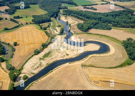 Renaturierung der Lippe an der Kraehenbusch in Olfen, 08.08.2019, Luftbild, Nordrhein-Westfalen, Lehmhegge, Olfen Stockfoto