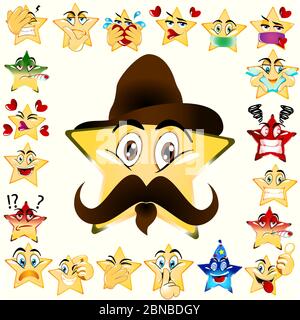 Illustration des Cowboy Star Emoji. Gelbe Farbverfärbung kombiniert. Symbol Für Den Vektor. Heller Hintergrund. Stock Vektor