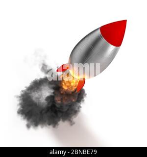 Vintage Rakete beim Start, Rauch und Flammen auf weißem Hintergrund. Niemand da. 3d-Rendering. Konzept von Beginn, Erfolg, Bestrebungen. Stockfoto