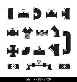 Stahl Rohrverbinder, Armaturen, Ventile, industrielle Sanitär für Wasser-und Gas-Pipeline Vektor isoliert Symbole. Rohrleitung Industrie, Ventil Stahl Stecker Abbildung Stock Vektor