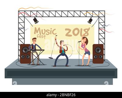 Musik Festival Konzert mit Popmusik Band spielt Musik. Musiker und Sänger Duett auf der Bühne Vektor-Illustration. Musikerbühne mit Sound und Sänger Stock Vektor
