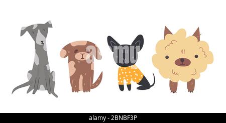 Gruppe von niedlichen und liebenswert kleine flauschige Hunde und Welpen sitzen auf dem Boden und warten auf die Adoption durch liebevolle Besitzer. Vektor Cartoon bunt isoliert Stock Vektor