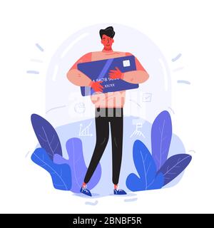 Ein gutaussehender männlicher Geschäftsmann, Freiberufler oder Student, der eine riesige Kreditkarte in der Hand hält. Auf Hintergrund gibt es Doodle von einigen Infografik Element Stock Vektor