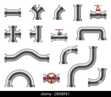 Stahlrohre. Metall-Rohrleitungsverbinder, Armaturen, Ventile, industrielle Sanitär für Wasser und Gas-Vektor-Set isoliert. Abbildung von Rohrleitungs- und Rohrteil für Wasser oder Öl Stock Vektor