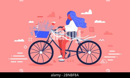 Lustige lächelnde Mädchen mit blauen Haaren Fahrrad mit Blume und Blätter Bouquet in Front-Korb auf dem warmen roten Hintergrund mit geometrischen Figuren. F Stock Vektor