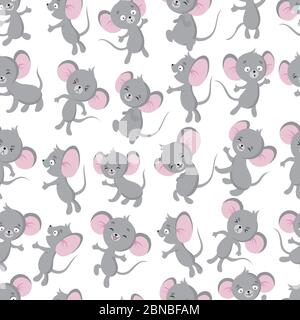 Niedliche Baby Maus nahtlose Muster. Entzückendes Kleinkind, Neugeborenes Textil Vektor-Design. Illustration von kleinen Ratte, Spaß Cartoon Tier Stock Vektor