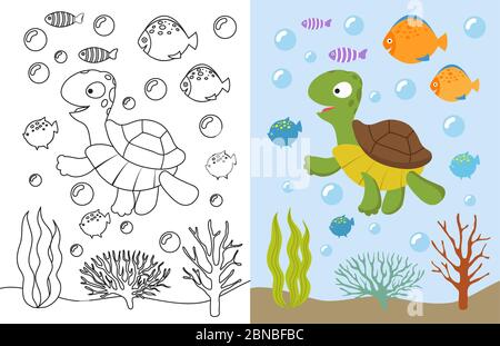 Schildkröte Malvorlagen. Cartoon Schwimmen Meerestiere unter Wasser. Vektor-Illustration für Kinder zum ausmalen Buch. Unterwassermeer, Schildkröten Tier und Fisch Stock Vektor