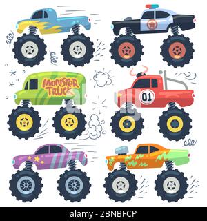 Monsterautos. Cartoon Autos mit großen Rädern. Isolierter Vektorsatz. Illustration der Transport Monster Truck Sammlung Stock Vektor