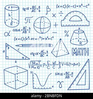 Doodle Mathematik und Geometrie Konzept. Trigonometrie-Funktionen, Diagramme und mathematische Formeln. Vektor Schule Ausbildung Hintergrund. Mathematische Formel und Geometrie Funktion Illustration Stock Vektor