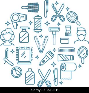 Symbole für Schönheitslinien. Kosmetikprodukte, Make-up und Accessoires für Frauen umreißen Symbole. Weibliche Schönheit, männliche Frisur, Shampoo und Pinsel Illustration Stock Vektor