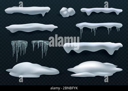 Schneemützen und Eiszapfen. Schneeball und Schneeverwehung Vektor Winter Dekorationen isoliert. Frost Eis und Schnee weiß, gefrorene Schneeball-Effekt Design Illustration Stock Vektor